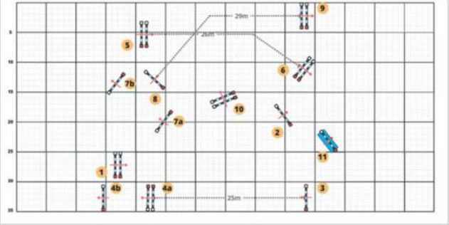 Plan quadrillé d'un parcours de CSO avec obstacles numérotés