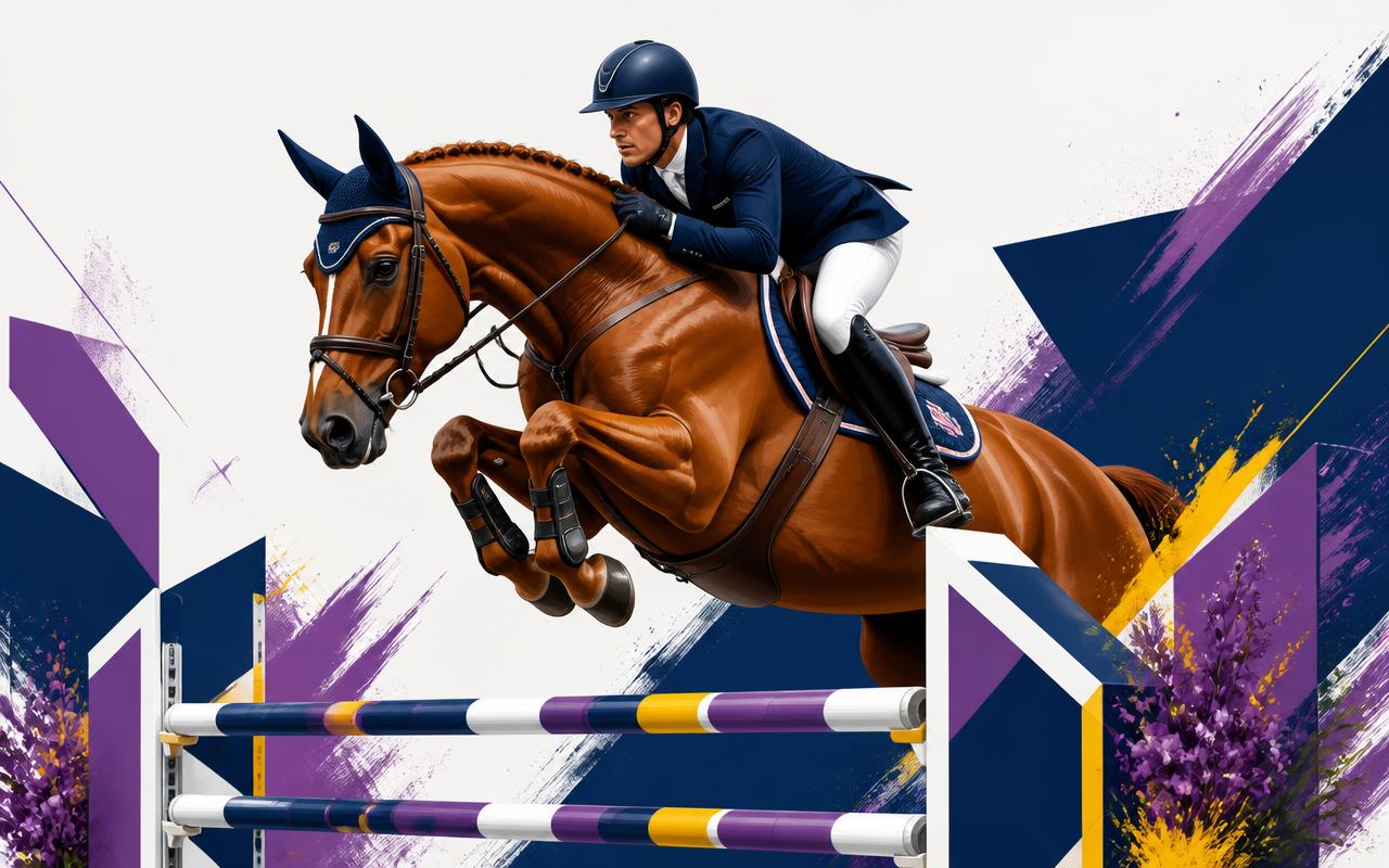 Cavalier franchissant un obstacle de saut aux couleurs Equi-rider